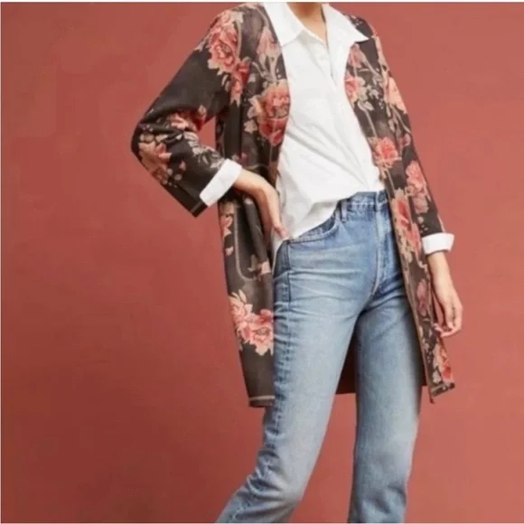 Anthropologie Solitaire Faux Suede Jacket statement piece cherry red floral - Picture 10 of 13